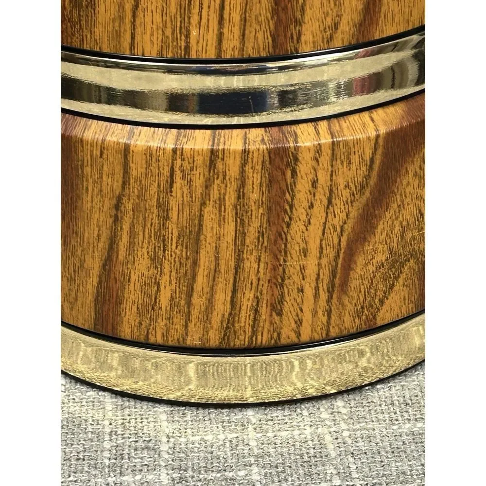 Vintage Ice Bucket‎ Faux Wood Insulated Barware Goldtone Banded Handle Pail